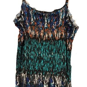 Multicolor Sleeveless Maxi Dress Vibrant Green Blue Orange Print Smocked Flowy